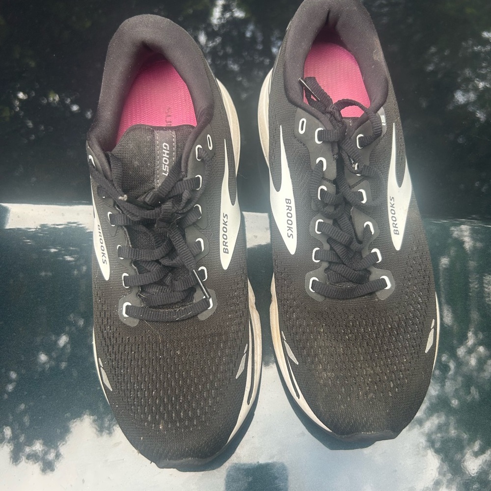 Brooks Ghost Black and Pink Athletic Running Shoes
